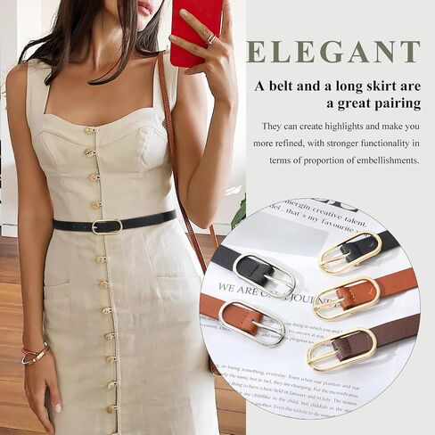 XZQTIVE 2 Pack Women's Skinny Leather Belt Thin Belt for Women with Gold Buckle Plus Size Waist Belt for Jeans Dresses Pants in Kuwait