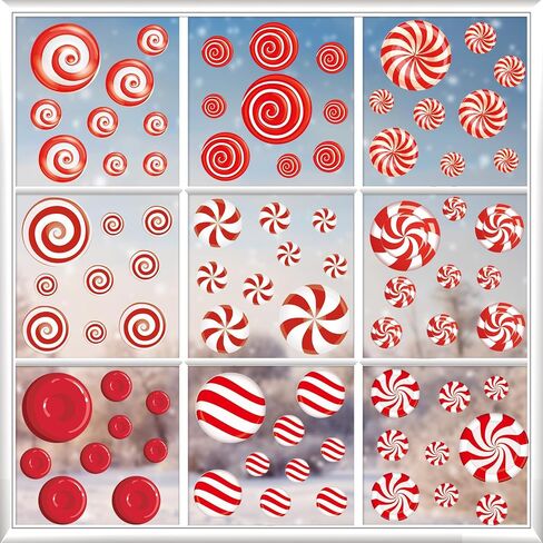 81Pcs Christmas Candy Cane Peppermint Candy Thick Gel Window Clings Stickers, Double Side Removable Christmas Window Decorations for Glass Windows Xmas Holiday Home Office Party Decor in Saudi Arabia