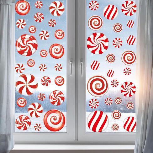 81Pcs Christmas Candy Cane Peppermint Candy Thick Gel Window Clings Stickers, Double Side Removable Christmas Window Decorations for Glass Windows Xmas Holiday Home Office Party Decor in Saudi Arabia