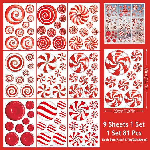 81Pcs Christmas Candy Cane Peppermint Candy Thick Gel Window Clings Stickers, Double Side Removable Christmas Window Decorations for Glass Windows Xmas Holiday Home Office Party Decor in Saudi Arabia