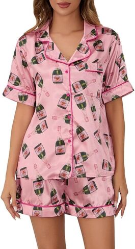 Juakoso Women Champagne Bottle Pajamas Sets Wine Can Print Pjs Sets Silk Satin 2 Piece Sets Short Sleeve Shirts Shorts Sets in Saudi Arabia