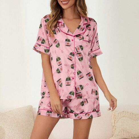 Juakoso Women Champagne Bottle Pajamas Sets Wine Can Print Pjs Sets Silk Satin 2 Piece Sets Short Sleeve Shirts Shorts Sets in Saudi Arabia