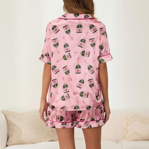 Juakoso Women Champagne Bottle Pajamas Sets Wine Can Print Pjs Sets Silk Satin 2 Piece Sets Short Sleeve Shirts Shorts Sets in Saudi Arabia