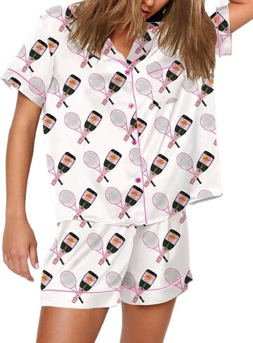 Juakoso Women Champagne Bottle Pajamas Sets Wine Can Print Pjs Sets Silk Satin 2 Piece Sets Short Sleeve Shirts Shorts Sets in Saudi Arabia