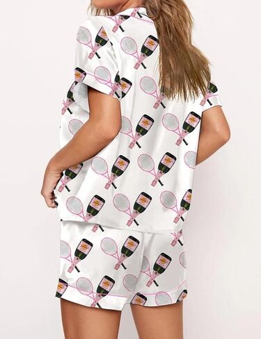 Juakoso Women Champagne Bottle Pajamas Sets Wine Can Print Pjs Sets Silk Satin 2 Piece Sets Short Sleeve Shirts Shorts Sets in Saudi Arabia