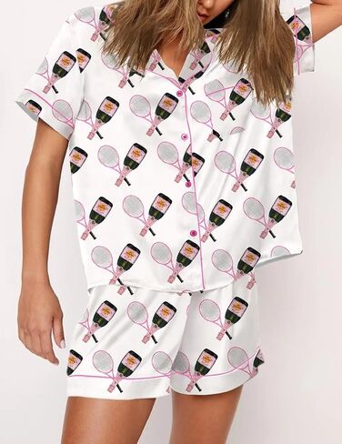 Juakoso Women Champagne Bottle Pajamas Sets Wine Can Print Pjs Sets Silk Satin 2 Piece Sets Short Sleeve Shirts Shorts Sets in Saudi Arabia