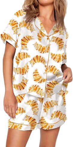 Juakoso Women Champagne Bottle Pajamas Sets Wine Can Print Pjs Sets Silk Satin 2 Piece Sets Short Sleeve Shirts Shorts Sets in Saudi Arabia