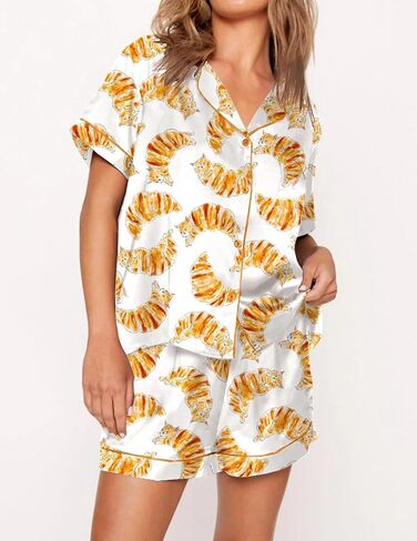 Juakoso Women Champagne Bottle Pajamas Sets Wine Can Print Pjs Sets Silk Satin 2 Piece Sets Short Sleeve Shirts Shorts Sets in Saudi Arabia