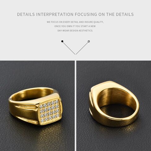 18K Gold-Plated Stainless Steel Ring with Cubic Zirconia Inlay, Black Non-Tarnish Men's Rings,Cool Men's Jewelry in Saudi Arabia