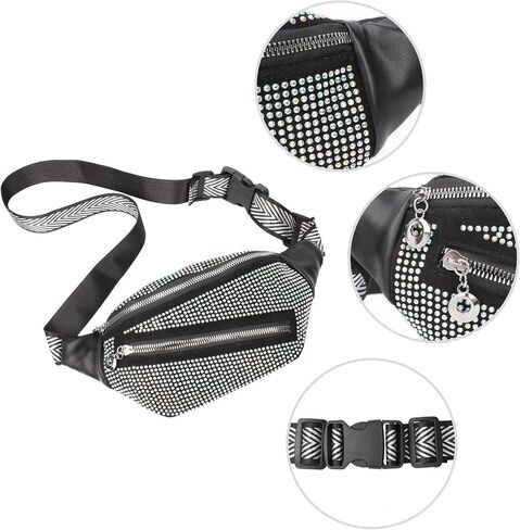 ZLM BAG US Dazzling Rhinestones Fanny Pack Slide Zip Waist Pack Chest Bag Phone Purse Wide Straps Crossbody Shoulder Bag in Kuwait