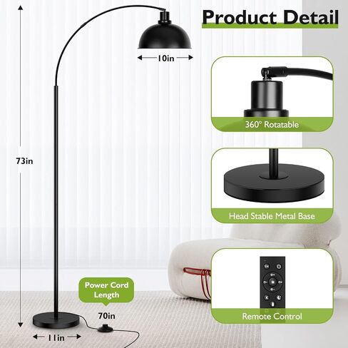 Arc Floor Lamps for Living Room, Modern Tall Standing Lamp Remote Control,Stepless Dimmable Black Floor Lamp with Hanging Dome Shade, Over Couch Arched Reading Lamp for Bedroom, Office (Bulb Included) in Saudi Arabia