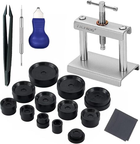 Watch Press Tool, TICFROG Watch Crystal Press Kit, Set Back Case Closer, Metal Watch Back Case Press, Watch Battery Replacement Tool with Watch Back Remover Tool, Watch Case Opener, Cleaning Cloth, Spring Bar Remove tool and 12pcs Dies for Round Watch Dia in Kuwait