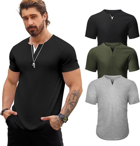 Mens 3 Pack T Shirts Casual Fashion Longline V-Neck Shirt Tee in Kuwait