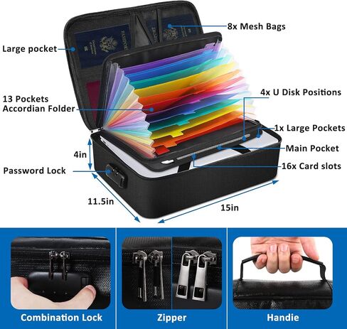 Fireproof Box With Accordion File Folder Document Organizer, 13 Pockets Important File Organizer Document Safe Storage Bag, Portable Document Box For Passport, Files, Certificates in Saudi Arabia