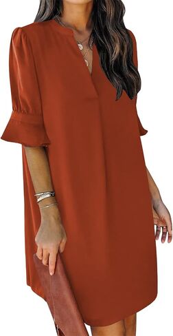 QACOHU Summer Dresses for Women V Neck Ruffle Short Sleeve Casual Shift Dress in Saudi Arabia