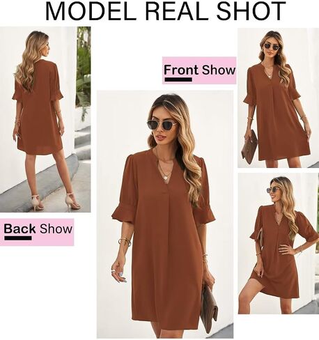 QACOHU Summer Dresses for Women V Neck Ruffle Short Sleeve Casual Shift Dress in Saudi Arabia