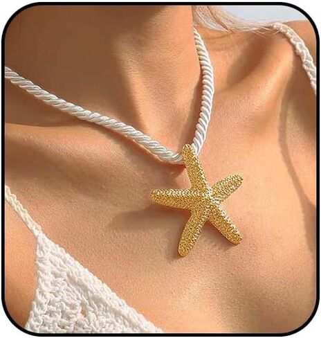 Tgirls Boho Gold Necklace for Women Big Starfish Pendant Necklaces Sun Choker Necklace Chunky Conch Shell Beach Necklace Statement Summer Jewelry in Saudi Arabia