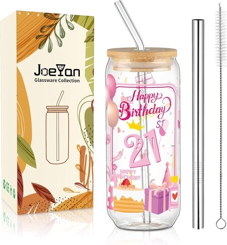 Joeyan 21St Birthday Gift for Girls,Pink Glass Cups with Bamboo Lids and Straws,Can Shaped Iced Coffee Tumbler,20 oz Beer Drinking Glasses,Party Decoration Gift for Her Women Daughter Sister Friend in Saudi Arabia