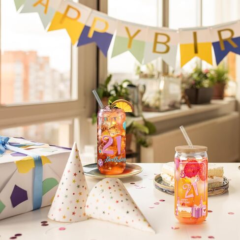 Joeyan 21St Birthday Gift for Girls,Pink Glass Cups with Bamboo Lids and Straws,Can Shaped Iced Coffee Tumbler,20 oz Beer Drinking Glasses,Party Decoration Gift for Her Women Daughter Sister Friend in Saudi Arabia
