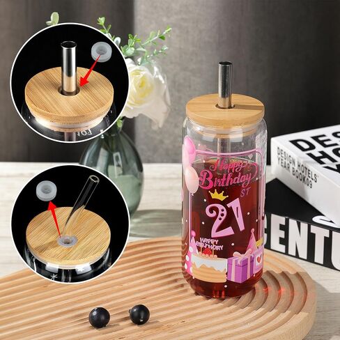 Joeyan 21St Birthday Gift for Girls,Pink Glass Cups with Bamboo Lids and Straws,Can Shaped Iced Coffee Tumbler,20 oz Beer Drinking Glasses,Party Decoration Gift for Her Women Daughter Sister Friend in Saudi Arabia