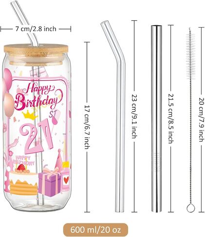 Joeyan 21St Birthday Gift for Girls,Pink Glass Cups with Bamboo Lids and Straws,Can Shaped Iced Coffee Tumbler,20 oz Beer Drinking Glasses,Party Decoration Gift for Her Women Daughter Sister Friend in Saudi Arabia