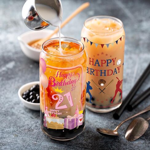 Joeyan 21St Birthday Gift for Girls,Pink Glass Cups with Bamboo Lids and Straws,Can Shaped Iced Coffee Tumbler,20 oz Beer Drinking Glasses,Party Decoration Gift for Her Women Daughter Sister Friend in Saudi Arabia
