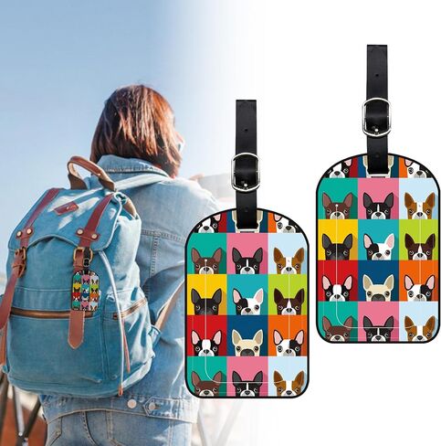 2 Pack Luggage Tags Boston Terrier PU Leather Baggage Handbag Suitcase Tags with Secure Strap Privacy Cover ID Labels,Business Travel Baggage Tag Identifier in Saudi Arabia