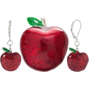 Artisan Owl - Red Apple Glitter Sparkling Enamel Dangle Earrings and Brooch Pendant Pin Set