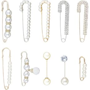 10 PCS Crystal Pearl Waistband Pins Fashion Pearl Brooch Sweater Shawl Clips Retro Rhinestone Pearl Brooch Pins for Women Girls Costume Accessory
