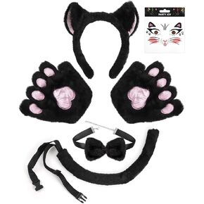 Roicaholy Cat Costume with Fluffy Black Kitten Ear Headband Bowtie Collar Paw Gloves Tails for Halloween Party Cosplay