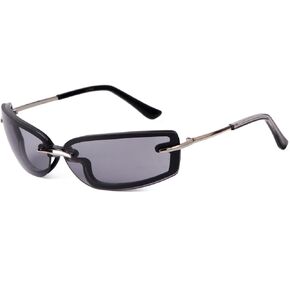VIA LEECA Trendy Y2K Rectangle Sunglasses for Women Men, Designer Wrap Around Rimless 90s Retro Sun Glasses