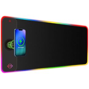 لوحة ماوس RGB LED مع شاحن لاسلكي بقدرة 15 وات مع 10 أوضاع إضاءة، لوحة ماوس كبيرة جدًا بقاعدة مطاطية غير قابلة للانزلاق للوحة مفاتيح الكمبيوتر للألعاب، ماك بوك، الكمبيوتر الشخصي، الكمبيوتر المحمول، المكتب