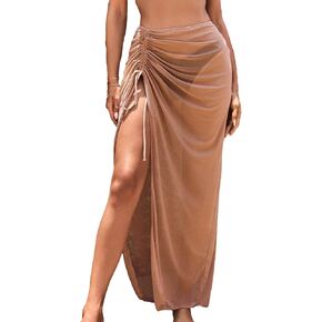 SHENHE Women's High Slit Sheer Ruched Drawstring Side Beach Maxi Skirt Swim Cover Up