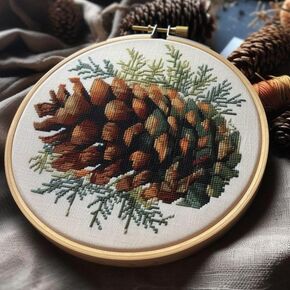 Counted Easy Cross Stitch Kits Pinecone Color Stamped Embroidery for Starter Kits DIY 11CT Stamped Patterns Embroidery Needlework Kit Supplies 12 Inch Hoop Included(127-P)