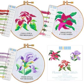 Kraftex Floral Stamped Cross Stitch Kits for Beginners - 3 Pack. DIY Embroidery Needlepoint Patterns for Adults and Kids. Easy Cross Stitch Kits for Beginners