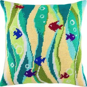 Brvsk Marine Stamped Cross-Stitch Kit for Adults and Beginners — Fish in Seaweed 16″ × 16″ with Clear, Precise Printed Design on Cotton Canvas; Includes 2 Needles, Yarn, and Easy-Read Chart
