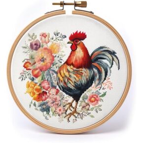 Generic Counted Easy Cross Stitch Kits Rooster & Flowers Color Stamped Embroidery for Starter Kits DIY 11CT Stamped Patterns Embroidery Needlework Kit Supplies 12 Inch Hoop Included(129-A)