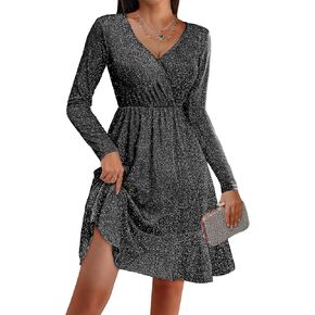 Zeagoo Long Sleeve Womens Glitter Dress Wrap V Neck Swing Club Cocktail Party Dresses Sequin Sparkle Dress Fall Dress 2024