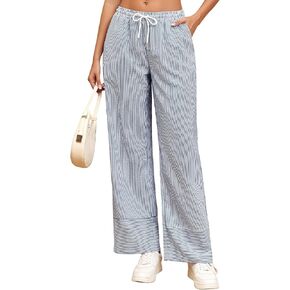 ZAFUL Womens Trendy Striped Pants Lightweight High Waisted Wide Leg Pants Casual Drawstring Pockets Trousers