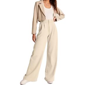 Women's Wide Leg Formal Pants Elastic Waist Business Casual Suit Pants with Pockets Fashion Trousers