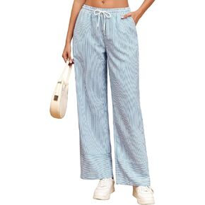 ZAFUL Womens Trendy Striped Pants Lightweight High Waisted Wide Leg Pants Casual Drawstring Pockets Trousers in Kuwait