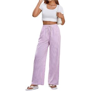 OYOANGLE Women's Striped Drawstring High Waist Straight Leg Long Pants with Pockets