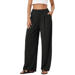 ODODOS Women's Wide Leg Pants with Pockets Crinkle Comfy High Waist Pull-On Lounge Casual Pants
