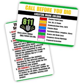 Call Before You Dig 5pk 2x3.5" Plastic Cards Leave Flag Colors 5 Steps Before Safely Excavation Safe Excavation Digging Guide Reference Wallet Size