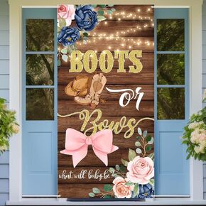 Boots or Bows Gender Reveal Door Banner | Rustic Wooden Cowboy Boots Gender Reveal Party Decorations | Boy or Girl Baby Shower Photography Background for Indoor Outdoor Decor