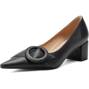 MUCCCUTE Chunky Heels for Women Closed Pointed Toe Heels 2'' Low Block Heels Fashion Round Buckle Dress Work Pumps