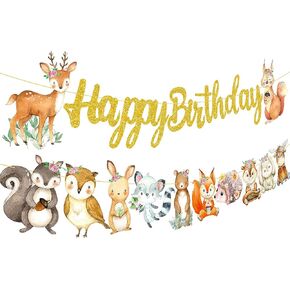 Woodland Animal Happy Birthday Banner Woodland Creatures Banner Decorations 2Pcs Forest Animals Cutout Banners for Woodland Theme Baby Shower Supplies
