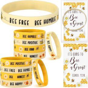 Roowest Motivational Bee Honey Gifts Set Include Bee Silicone Wristbands Bulk Bee Cards Stocking Stuffers for Student from Teacher Inspirational Rubber Bee Party Favors School Student Awards