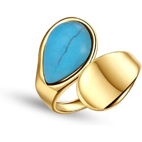 Loqimu Titanium Turquoise Rings for Women Teen Girls Adjustable Stacking Rings Aesthetic Jewelry Gold Stainless Steel Water Drop Open Knuckle Finger Rings Statement Engagement Rings