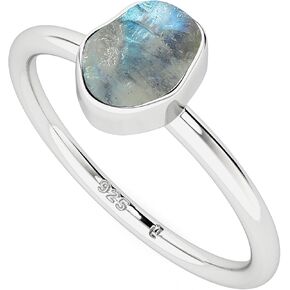 Natural Raw/Rough Rainbow Moonstone Stackable Ring for Women in Sterling Silver, June Birthstone Jewelry Gifts for Her (Bezel-Set)